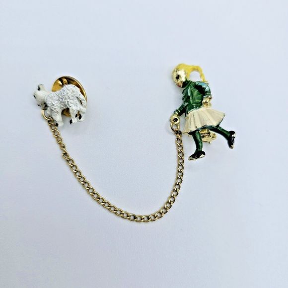 Double Brooch Vintage Blonde Girl Walking Lamb Pet Enamel Gold Tone Jewelry Pin - Picture 7 of 8